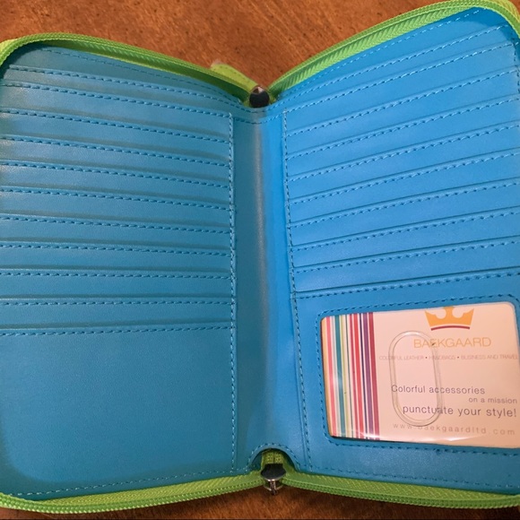 Baekgaard Clutch w/ Strap. Neon green with blue trim. Perfect for summer! - Picture 3 of 5